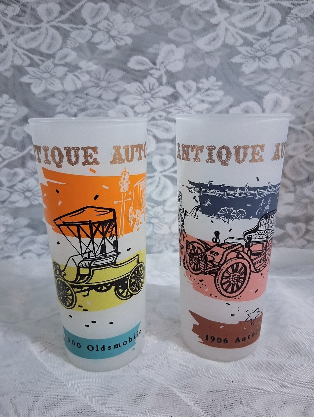 Vintage Anchor Hocking Antique Autos Glasses Highball Tall Drinking Barware Pair